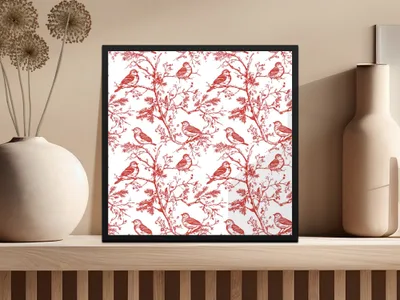 Red Bird Toile Digital Paper, Seamless Pattern, Printable Fabric Design, Rustic Bird Art, Scrapbook Paper, Digital Download - Moore and Mountain