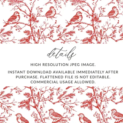 Red Bird Toile Digital Paper, Seamless Pattern, Printable Fabric Design, Rustic Bird Art, Scrapbook Paper, Digital Download - Moore and Mountain