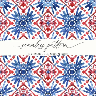 Red Blue Floral Pattern Digital Paper, Watercolor Seamless Pattern, Tileable Surface Design, Printable Paper, Fabric Design, Digital
