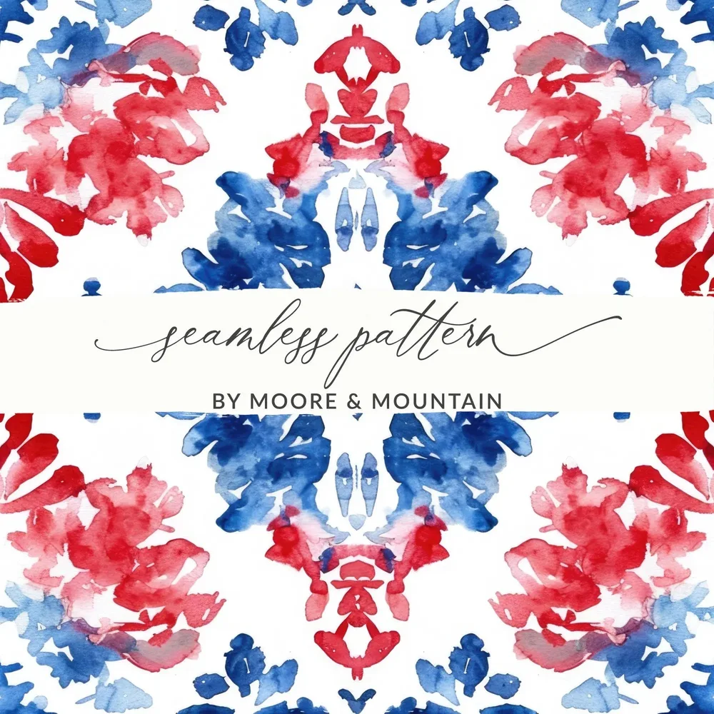 Red Blue Floral Watercolor Seamless Pattern, Digital Paper for Fabric, Wallpaper, Scrapbooking, Digital Downloads, Commercial Use - Moore and Mountain