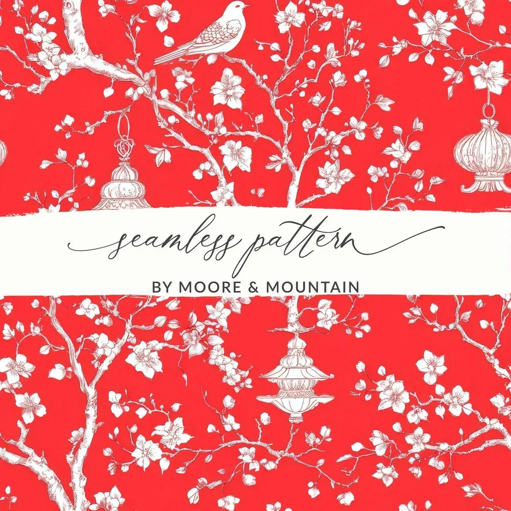 Red Chinoiserie Digital Paper, Floral Seamless Pattern, Bird Lantern Design, Scrapbooking Paper, Digital Download for Commercial Use - Moore and Mountain