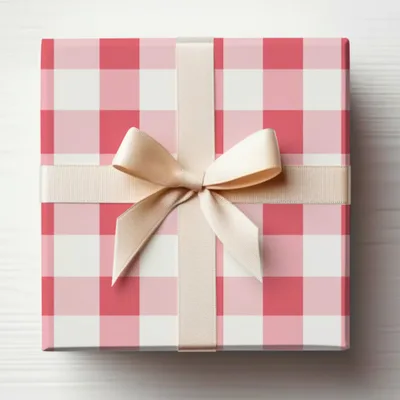 Pink and White Checkered Gift Wrap Box with Cream Ribbon