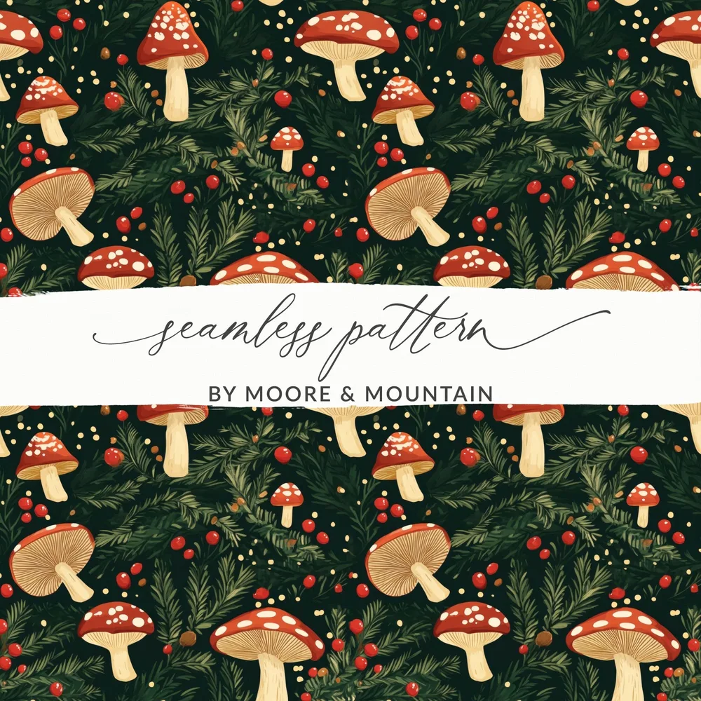 Red Mushroom & Berries With Branches Digital Pattern Printable Art - Moore and Mountain