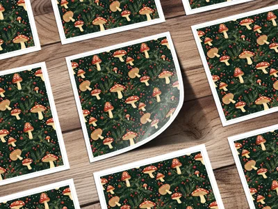 Red Mushroom & Berries With Branches Digital Pattern Printable Art - Moore and Mountain