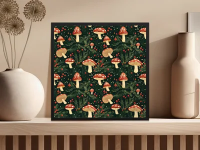 Red Mushroom & Berries With Branches Digital Pattern Printable Art - Moore and Mountain