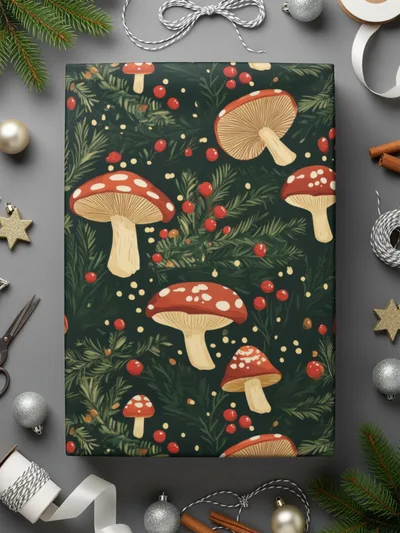 Red Mushroom & Berries With Branches Digital Pattern Printable Art - Moore and Mountain
