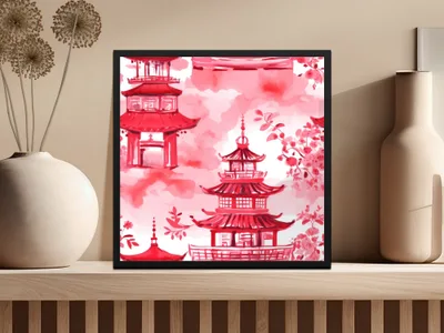 Red Pagoda Digital Paper, Japanese Seamless Pattern, Oriental Design, Scrapbook Paper, Asian Fabric, Chinoiserie Printable Paper, Digital - Moore and Mountain
