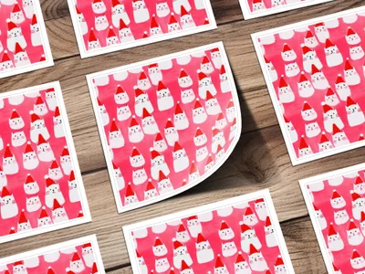 Red Pink Cat Santa Hat Digital Paper, Christmas Kitten Pattern, Holiday Pet Fabric Design, Winter Festive Download, Seamless - Moore and Mountain
