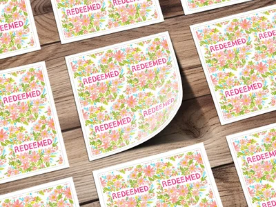 Redeemed Floral Design Sticker with Pink and Green Flowers