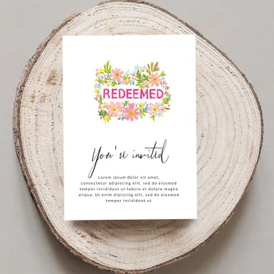 "REDEEMED" card with floral accents and "You're invited" text.