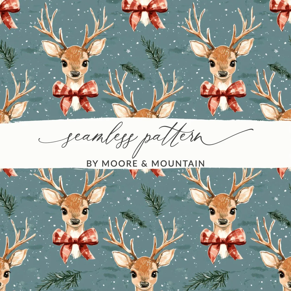 Reindeer Digital Seamless Pattern, Christmas Digital Paper, Deer with Bow, Holiday Fabric Design, Watercolor Christmas Pattern Digital - Moore and Mountain