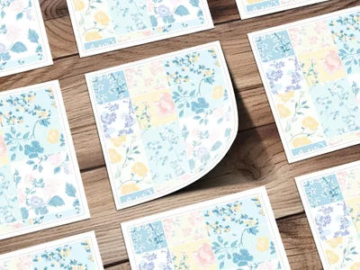 Pastel Floral Patchwork Design on Wooden Surface Print
