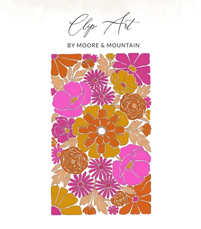 Retro 70s Floral Art, Groovy Flower Power Digital Download, Vibrant Hot Pink Orange Yellow Bouquet, Vintage Hippie Print, Psychedelic Wall SVG