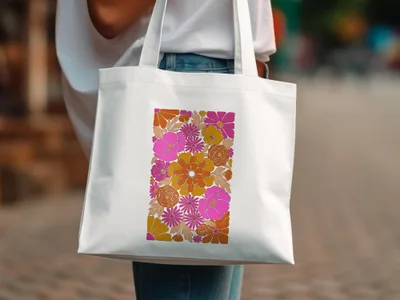 White tote bag with colorful retro floral pattern.