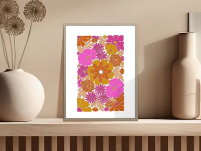 Retro floral art print in a silver frame with pink and orange flowers.