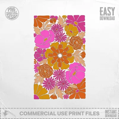 Retro floral pattern with pink, orange, and yellow flowers.