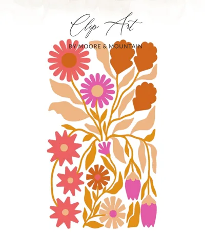 Retro Floral Digital Download Art, Pink Orange Mid Century Modern Botanical Print, Abstract Flower Wall Art, Instant Download Illustration