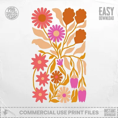 Stylized floral illustration with pink and orange flowers and leaves.