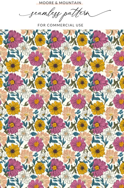 Seamless floral pattern with pink, yellow, and white flowers.