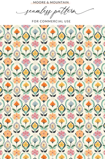 Seamless floral pattern with colorful diamond-shaped motifs on cream background.