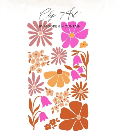 Retro Groovy Floral Digital Print, 70s Inspired Flower Power Art, Boho Botanical Wall Decor, Pink Orange Peach Aesthetic Download