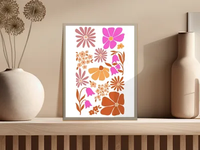 Abstract floral art print in pink, orange, and brown on white background.