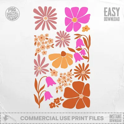 Retro floral patterns in pink and orange for instant download.
