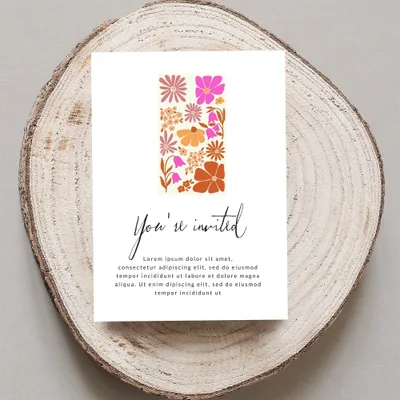 Invitation card with floral pattern and "You're invited" text.