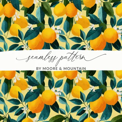 Ripe Lemons with Leaves and Blossoms Floral Pattern Digital