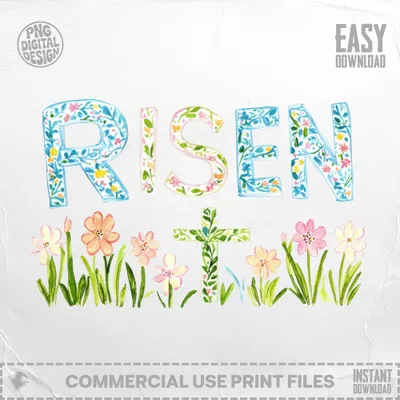 "RISEN" text with floral accents and a watercolor cross on a plain background.