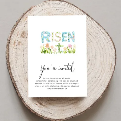 Easter invitation with "RISEN" in floral letters and floral accents.
