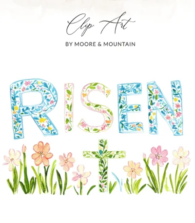 "RISEN" in floral letters above a cross and wildflowers.