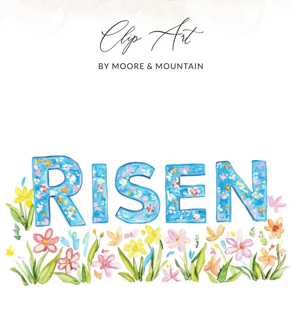 "RISEN" in colorful, floral watercolor letters with a subtle watercolor brush stroke background.