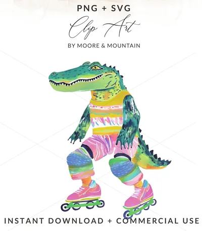 Roller Skating Alligator Digital Print, Quirky Retro Crocodile Wall Art, 90s Animal Illustration, Whimsical Kids Printable Poster