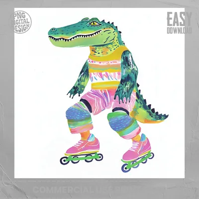 Roller Skating Alligator Digital Print, Quirky Retro Crocodile Wall Art, 90s Animal Illustration, Whimsical Kids Printable Poster