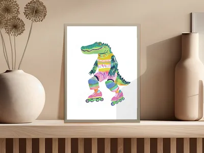 Roller Skating Alligator Digital Print, Quirky Retro Crocodile Wall Art, 90s Animal Illustration, Whimsical Kids Printable Poster