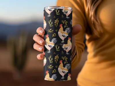 Rooster Golden Leaves Seamless Pattern on Black Digital, Seamless Rooster Pattern - Moore and Mountain