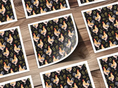 Rooster Golden Leaves Seamless Pattern on Black Digital, Seamless Rooster Pattern - Moore and Mountain