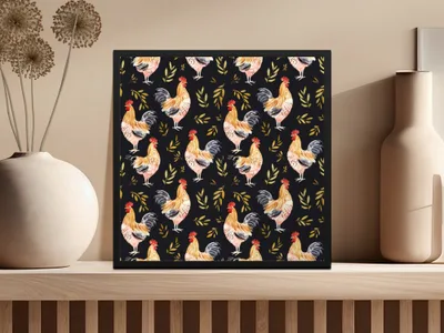 Rooster Golden Leaves Seamless Pattern on Black Digital, Seamless Rooster Pattern - Moore and Mountain