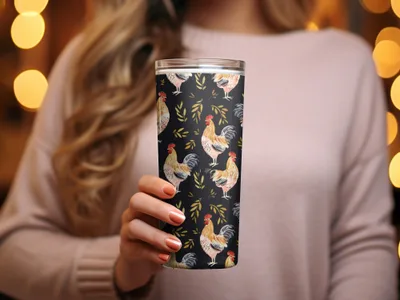 Rooster Golden Leaves Seamless Pattern on Black Digital, Seamless Rooster Pattern - Moore and Mountain