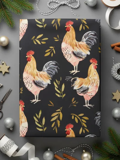 Rooster Golden Leaves Seamless Pattern on Black Digital, Seamless Rooster Pattern - Moore and Mountain