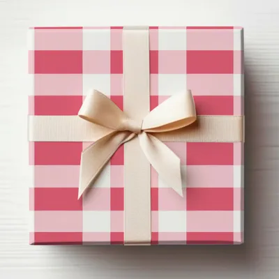 Red Checkered Gift Box with Cream Ribbon Wrap