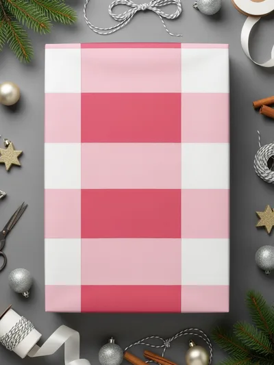 Pink and White Checkered Festive Wrapping Paper Product