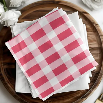 Pink And White Gingham Checkered Party Napkins Set