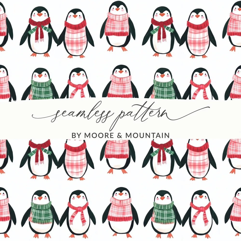 Row Penguins In Scarves Pattern Fun Animal Theme Digital - Moore and Mountain