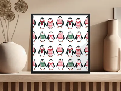 Row Penguins In Scarves Pattern Fun Animal Theme Digital - Moore and Mountain