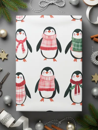 Row Penguins In Scarves Pattern Fun Animal Theme Digital - Moore and Mountain