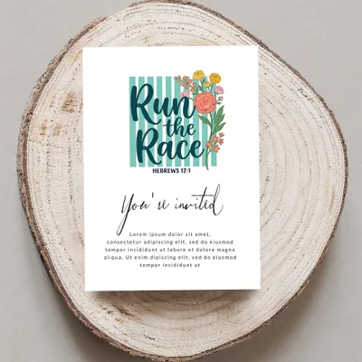 Invitation card with "Run the Race" text and floral accents.