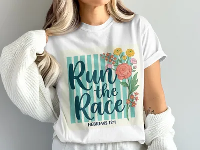 White t-shirt with "Run the Race" and floral design, Hebrews 12:1.