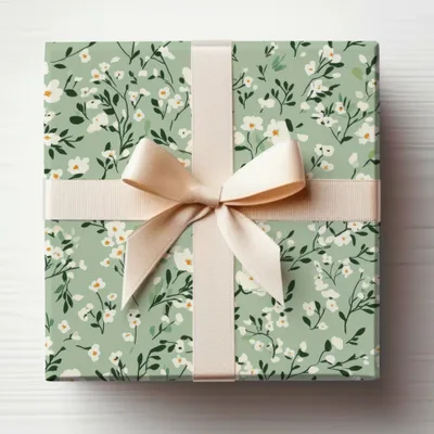 Elegant Floral Green Gift Box with Cream Ribbon Gift Wrap